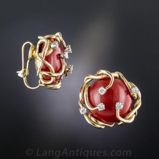 Mid-Century Coral and Diamond Ear Clips