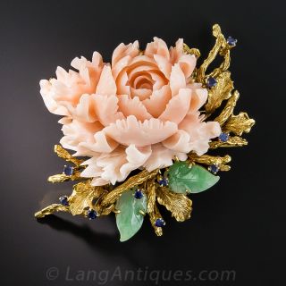 Mid-Century Coral Chrysanthemum Jade and Sapphire Brooch