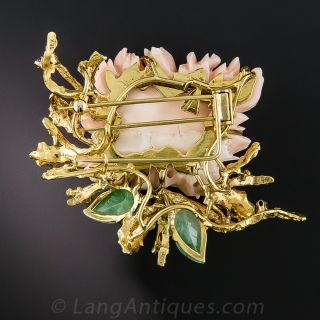Mid-Century Coral Chrysanthemum Jade and Sapphire Brooch
