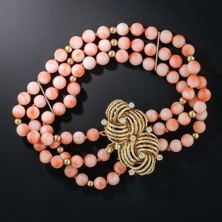 Mid-Century Coral Triple-Strand Bracelet With Diamonds - 2