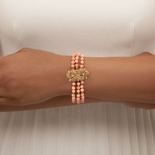 Mid-Century Coral Triple-Strand Bracelet With Diamonds