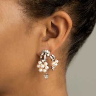 Mid-Century Cultured Pearl and Cascading Diamond Clip Earrings