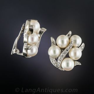 Mid-Century Cultured Pearl and Diamond Clip Earrings