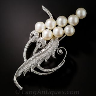 Mid-Century Cultured Pearl and Diamond Spray Brooch