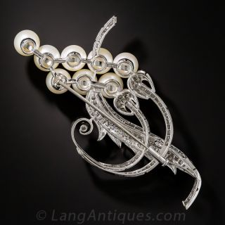 Mid-Century Cultured Pearl and Diamond Spray Brooch