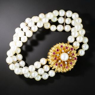 Mid-Century Cultured Pearl, Diamond and Ruby Bracelet - 2