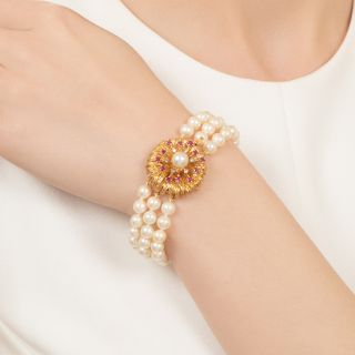 Mid-Century Cultured Pearl, Diamond and Ruby Bracelet