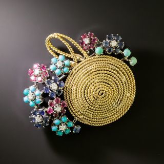 Mid-Century Diamond and Gemstone Flower Basket Brooch - 3