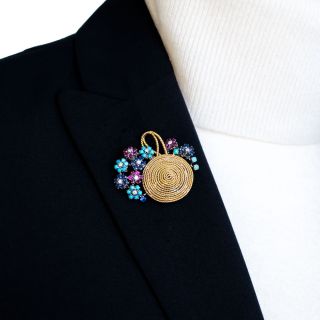 Mid-Century Diamond and Gemstone Flower Basket Brooch