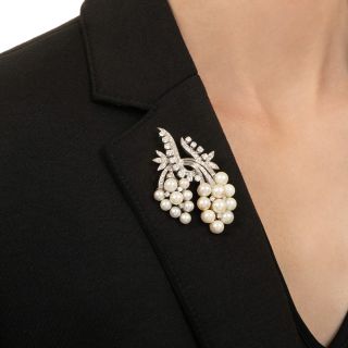 Mid-Century Diamond and Pearl Cascade Brooch