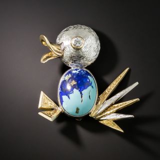Mid Century Diamond and Turquoise/Azurite Duck Brooch - 2