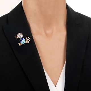Mid Century Diamond and Turquoise/Azurite Duck Brooch