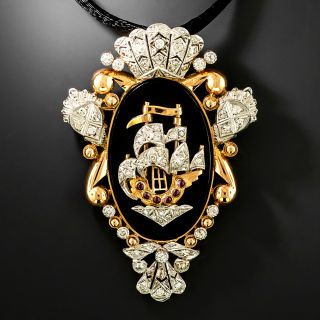 Mid-Century Diamond, Onyx and Ruby* Caravel Ship Brooch/Pendant - 2