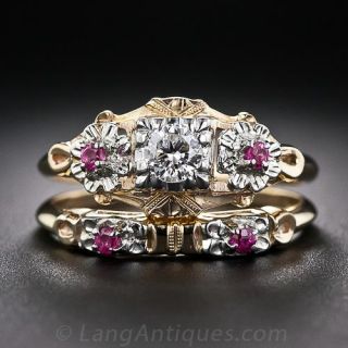 Mid-Century Diamond Wedding Set with Rubies