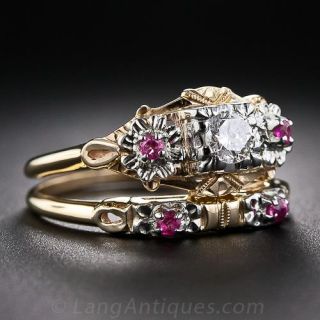 Mid-Century Diamond Wedding Set with Rubies