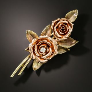 Mid-Century Double Rose and Diamond Brooch by Krementz - 3