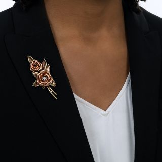 Mid-Century Double Rose and Diamond Brooch by Krementz