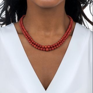 Mid-Century Double Strand Coral Bead Necklace