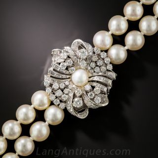 Mid-Century  Double Strand Cultured Pearl Necklace with Diamond Clasp
