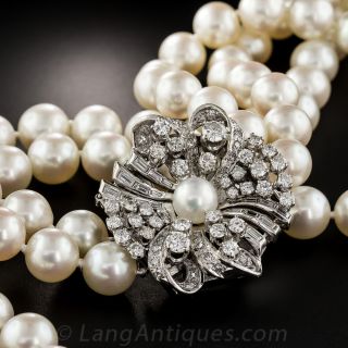Mid-Century  Double Strand Cultured Pearl Necklace with Diamond Clasp - 4