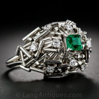 Mid-Century Emerald and Diamond Bombe Ring