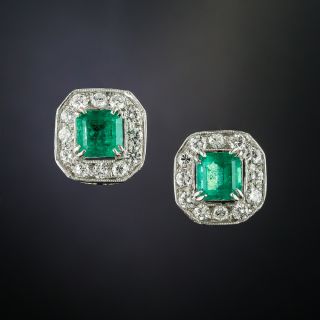 Vintage Emerald Diamond Platinum Earrings - 2