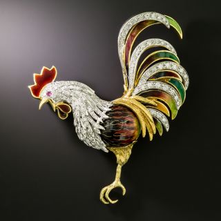 Mid-Century Enamel and Diamond Rooster Brooch, Italian - 3