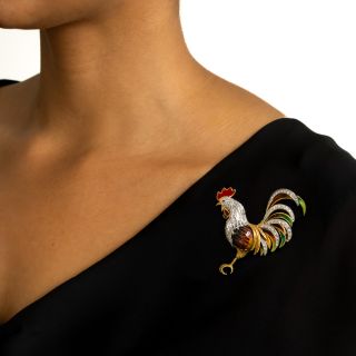 Mid-Century Enamel and Diamond Rooster Brooch, Italian