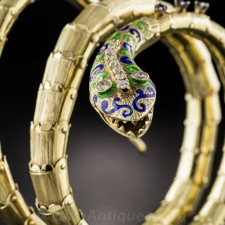 Mid-Century Enamel, Diamond and Sapphire Serpent Bangle Bracelet