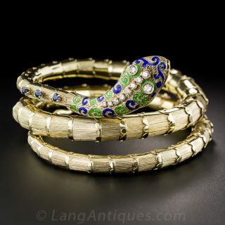 Mid-Century Enamel, Diamond and Sapphire Serpent Bangle Bracelet - 3