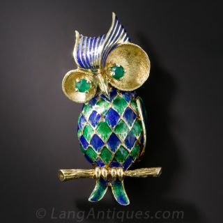 Mid-Century Enamel Owl Brooch - 1