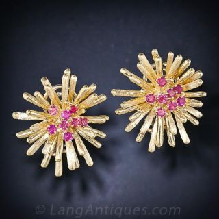 Mid-Century Gold and Ruby Ear Clips