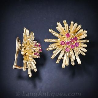 Mid-Century Gold and Ruby Ear Clips