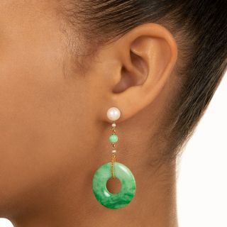 Mid-Century Jade Disc and Pearl Drop Earrings