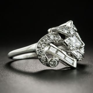 Mid-Century Marquise, Baguette, and Round Diamond Scrolled Ring