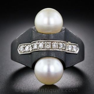 Mid Century Marsh & Co, Blackened Steel, Pearl and Diamond Ring