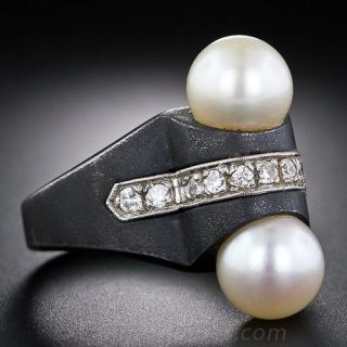 Mid Century Marsh & Co, Blackened Steel, Pearl and Diamond Ring