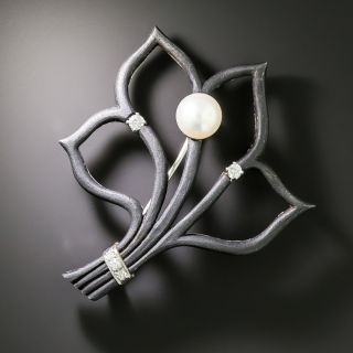 Mid-Century Marsh & Co. Black Steel, Pearl and Diamond Leaf Brooch - 1