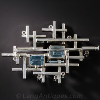 Mid-Century Modern Aquamarine and Diamond Brooch