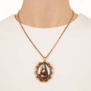 Mid Century Mona Lisa, Diamond Studded, Enamel Brooch by Corletto of Italy