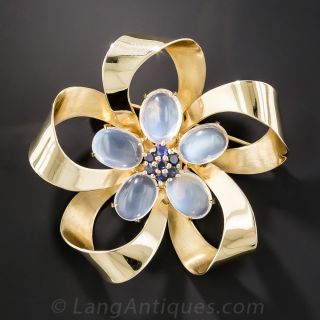 Mid-Century Moonstone and Sapphire Bow Brooch