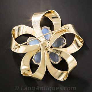 Mid-Century Moonstone and Sapphire Bow Brooch