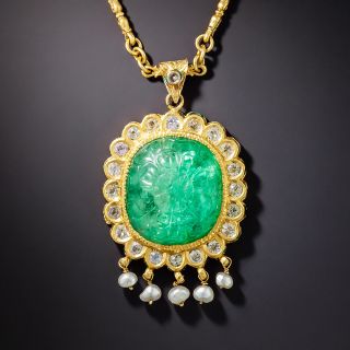 Mid-Century Mughal-Style Carved Green Beryl, Pearl and White Sapphire Necklace - 1