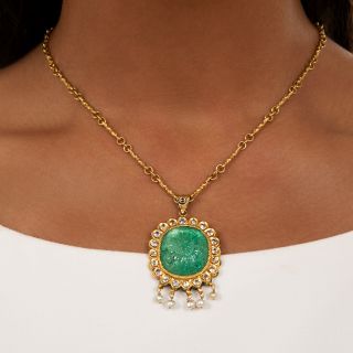 Mid-Century Mughal-Style Carved Green Beryl, Pearl and White Sapphire Necklace