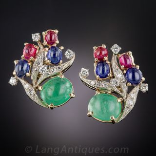 Mid-Century Multi-Color Gem and Diamond Earrings - 1