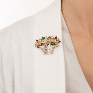 Mid-Century Multi-Gem and Diamond Flower Basket Brooch