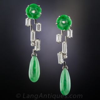 Mid-Century Natural Jade and Diamond Drop Earrings