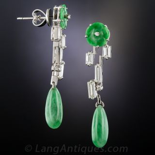 Mid-Century Natural Jade and Diamond Drop Earrings