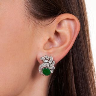Mid-Century Natural Jade and Diamond Earrings