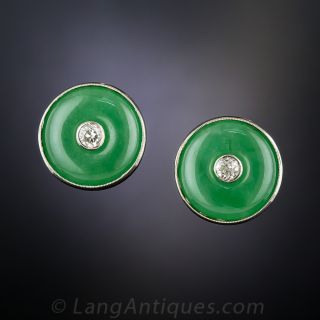Mid-Century Natural Jade and Diamond Earrings - 1
